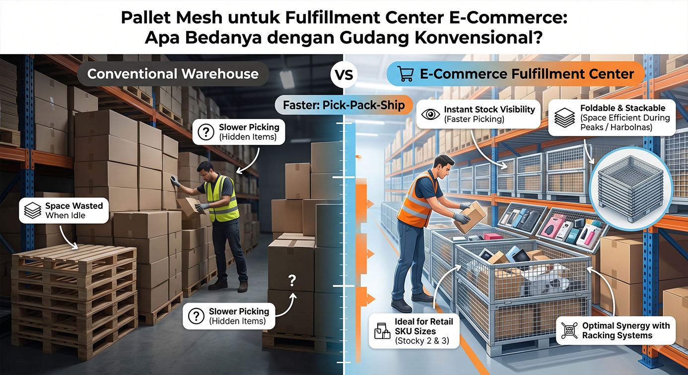 Pallet Mesh untuk Fulfillment Center E-Commerce: Apa Bedanya dengan Gudang Konvensional?